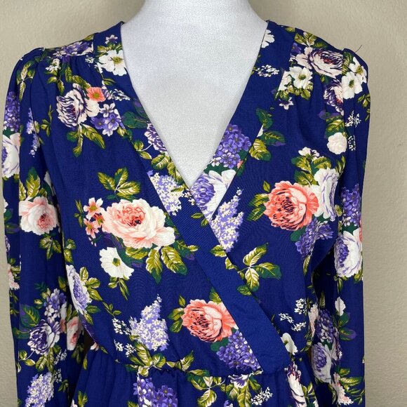 Lulus Blue Floral Long Sleeve Wrap Mini Dress Size M Made in USA - Picture 3 of 13
